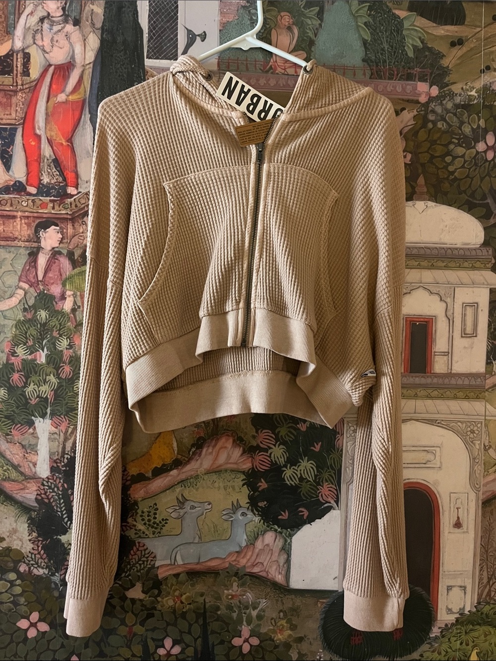Urban Outfitters Beige Cropped Waffle Hoodie